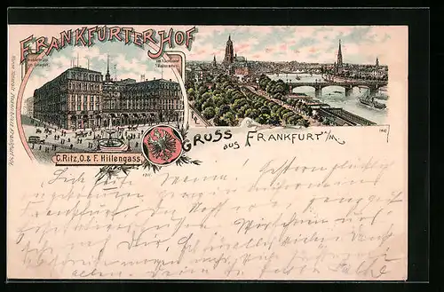 Vorläufer-Lithographie Frankfurt a. M., 1895, Hotel Frankfurter Hof, Panoramablick auf die Stadt
