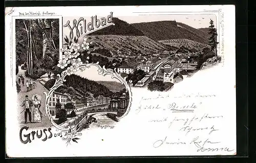 Lithographie Wildbad, An der Olgastrasse, Flaneure in den Königl. Anlagen