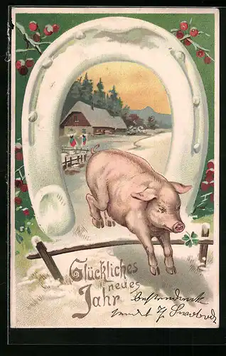 Präge-AK Schwein springt über Hürde vor grossem Hufeisen - Neujahrsgruss
