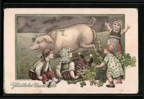 Künstler-AK Kinder mit Glücksklee-Karren und Schwein auf einer Wiese - Neujahrsgruss