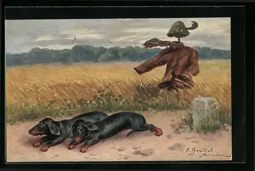 Künstler-AK Zwei Dackel liegen am Wegesrand vor Feld mit Vogelscheuche