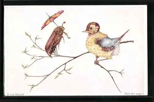 Künstler-AK Maikäfer mit Blütenschirmchen und ein Vogelküken auf einem Zweig