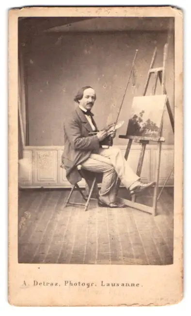 Fotografie A. Detraz, Lausanne, Schweizer Maler Jakob Bryner an Staffelei beim malen einer seiner Bilder, Kleinmeister 0