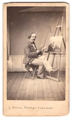 Fotografie A. Detraz, Lausanne, Schweizer Maler Jakob Bryner an Staffelei beim malen einer seiner Bilder, Kleinmeister