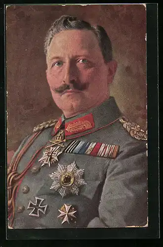 Künstler-AK Kaiser Wilhelm II. in Uniform sitzend