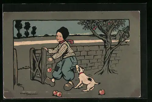 Künstler-AK Ethel Parkinson: Kleiner Apfeldieb wird von Hund festgehalten