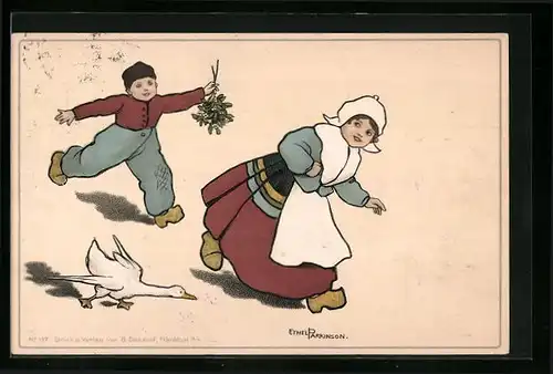 Künstler-AK Ethel Parkinson: Knabe mit Mistelzweig rennt Mädchen hinterher