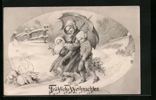 Künstler-AK H. Schubert: Fräulein mit Schirm und zwei Kindern im Schnee, Weihnachtsgruss