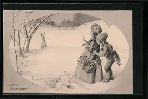 Künstler-AK H. Schubert: Kinderpaar mit Korb sieht Hasen im Winter, Weihnachtsgruss