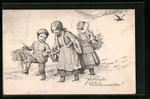 Künstler-AK H. Schubert: Drei Kinder mit Tannenbaum im Schnee und Vogel, Weihnachtsgruss