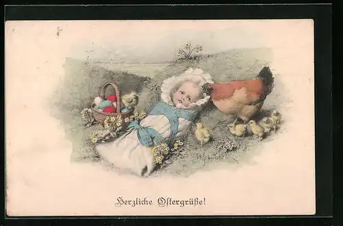 Künstler-AK H. Schubert: Baby mit Henne und Küken, Osterkorb, Ostergruss