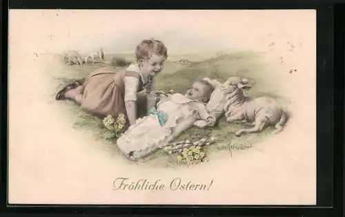 Künstler-AK H. Schubert: Mädchen mit Baby und Lämmern auf einer Wiese, Ostergruss