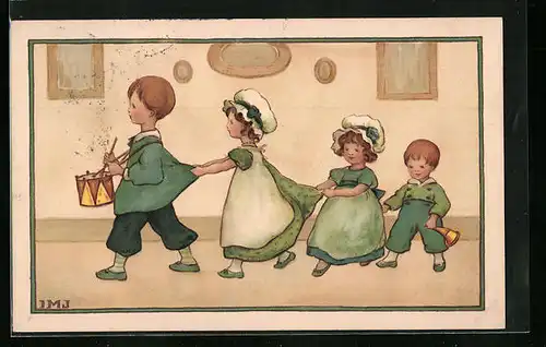 Künstler-AK I.M.J.: Kinder mit Trommel und Tröte