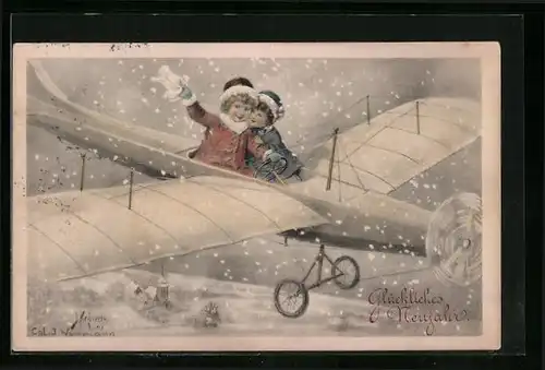 Künstler-AK Kränzle: Zwei Mädchen im Flugzeug bei Schnee, Neujahrsgruss