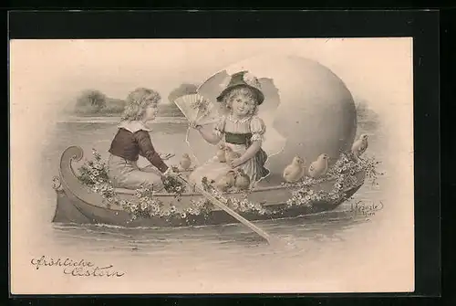 Künstler-AK Kränzle: Pärchen mit Küken in einer Gondel, Ostergruss