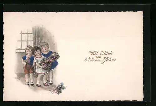 Künstler-AK Kränzle: Drei Kinder mit Blumen, Neujahrsgruss