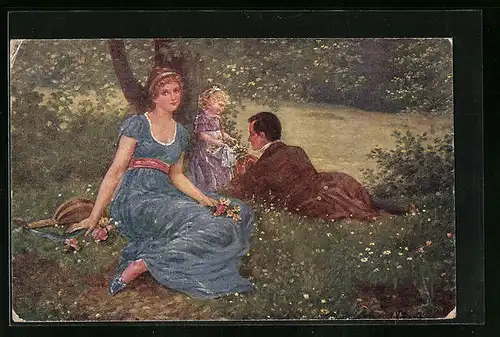 Künstler-AK Kränzle: Sommerzeit, Paar mit Mädchen auf einer Blumenwiese