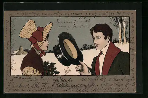Künstler-AK Ethel Parkinson: Herr mit Hut und Dame in winterlicher Landschaft