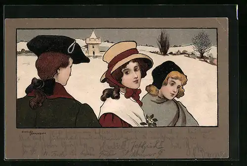 Künstler-AK Ethel Parkinson: Herr mit zwei Damen in winterlicher Landschaft