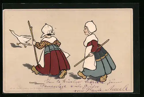 Künstler-AK Ethel Parkinson: Zwei Holländerinnen mit einer Gans