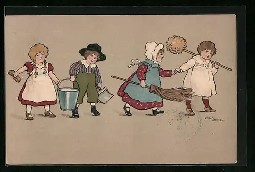 Künstler-AK Ethel Parkinson: Kinder mit Besen und Eimer