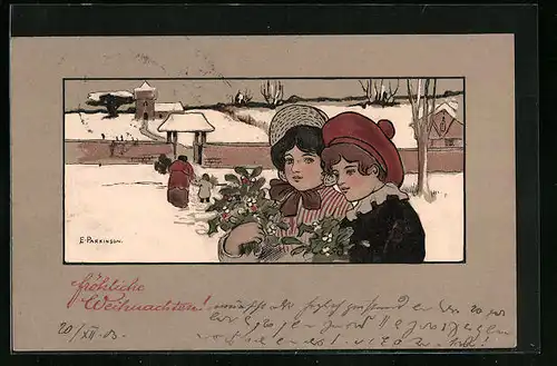 Künstler-AK Ethel Parkinson: Pärchen mit Mistelzweigen in Schnee, Im Hintergrund Kirche