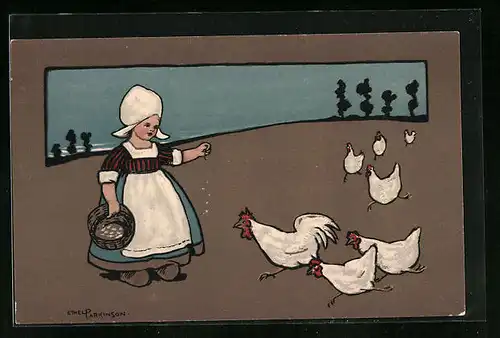 Künstler-AK Ethel Parkinson: Holländerin füttert Hühner