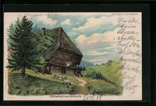 Lithographie Schwarzwaldhaus in Hügellandschaft, Halt gegen das Licht: Mondschein und Fensterbeleuchtung