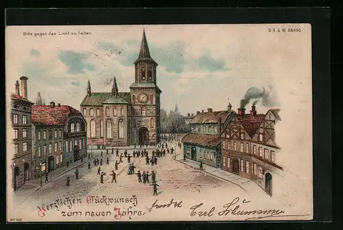 Lithographie Marktplatz mit feiernden Passanten, Halt gegen das Licht: Neujahrsgrüsse und Mondschein