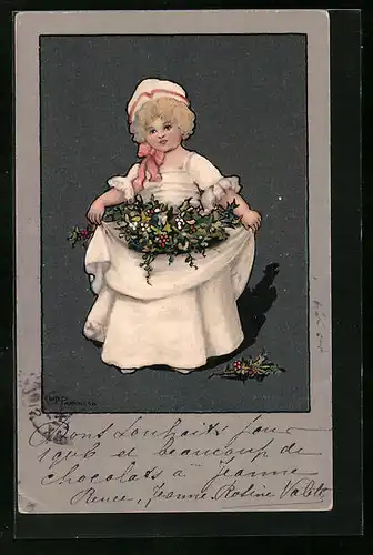 Künstler-AK Ethel Parkinson: Mädchen im weissen Kleid mit Mistelzweigen