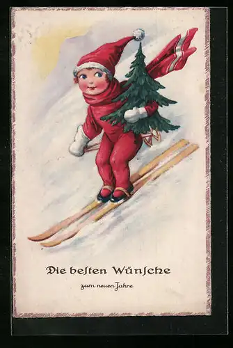 Künstler-AK Die besten Wünsche, Kind im Weihnachtskostüm auf Skiern