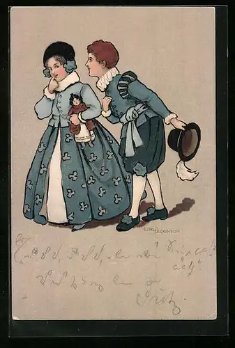 Künstler-AK Ethel Parkinson: Junge grüsst Mädchen mit Puppe