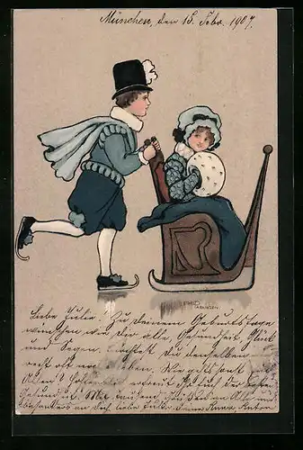 Künstler-AK Ethel Parkinson: Junge kutschiert Mädchen im Schlitten