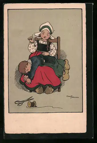 Künstler-AK Ethel Parkinson: Mädchen näht Hose von Jungen