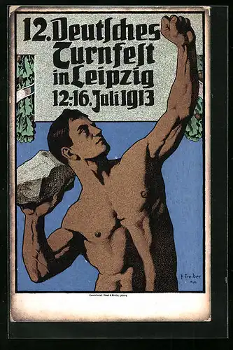 Künstler-AK Leipzig, 12. Deutsches Turnfest 1913 - Kugelstosser mit Felsbrocken