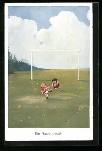 Künstler-AK Ein Bauchschuss - Zwei Knaben beim Fussball