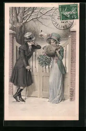 Künstler-AK Theo Zasche: Junger Herr mit Spazierstock und junge Dame mit Muff an einem Tor