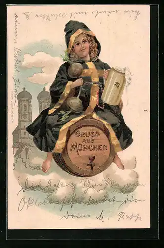 Präge-AK Münchner Kindl auf Bierfass vor Frauenkirche