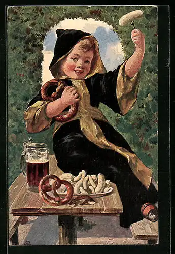 Künstler-AK Münchner Kindl mit Mass, Brezn und Weisswurst