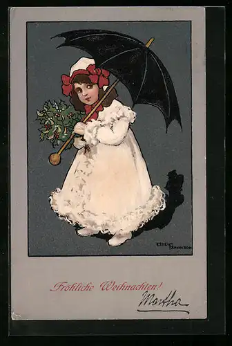 Künstler-AK Ethel Parkinson: Mädchen mit Schirm und Stechpalmenzweigen - Weihnachtsgruss