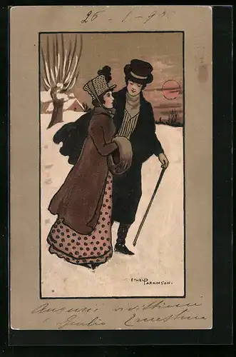 Künstler-AK Ethel Parkinson: Paar auf schneebedecktem Weg bei untergehende Sonne