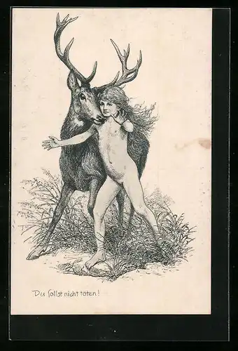 Künstler-AK Fidus: Du sollst nicht töten! - Nacktes Mädchen stellt sich vor Hirsch