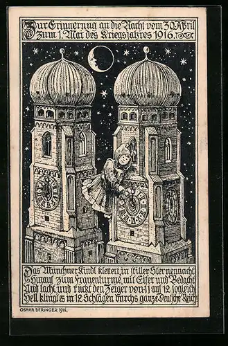 Künstler-AK Münchener Kindl verrückt den Zeiger an der Uhr der Frauenkirche - Einführung der Sommerzeit 1916