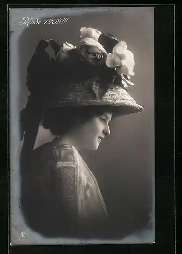 AK Mode 1909!!! - Frau mit Blumen-Strohhut