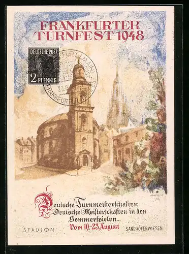 Künstler-AK Frankfurt, Turnfest 1948, Ortsansicht