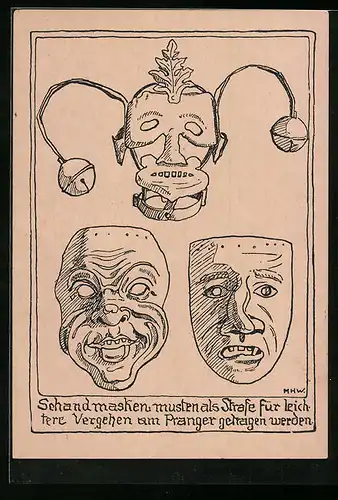 Künstler-AK Rothenburg, Schandmasken aus der Folterkammer für den Pranger