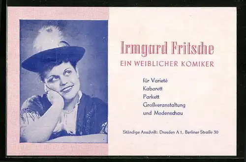 AK Komikerin Irmgard Fritsche, Portrait mit Federhut