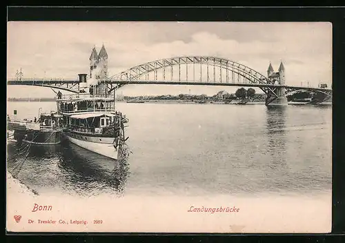 AK Bonn, Landungsbrücke mit Dampfer