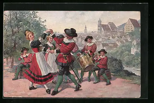 Künstler-AK Schwäb. Hall, Tanz der Salzsieder vor Stadtansicht