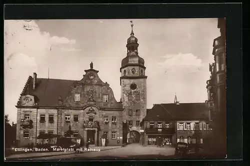 AK Ettlingen /Baden, Marktplatz mit Rathaus